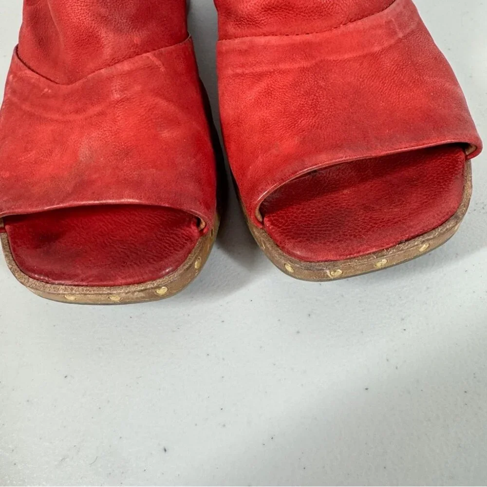 AS98 Red Leather Peep Toe Mules Size 38 Block Heel Boho Hippie Lagenlook - Picture 4 of 16